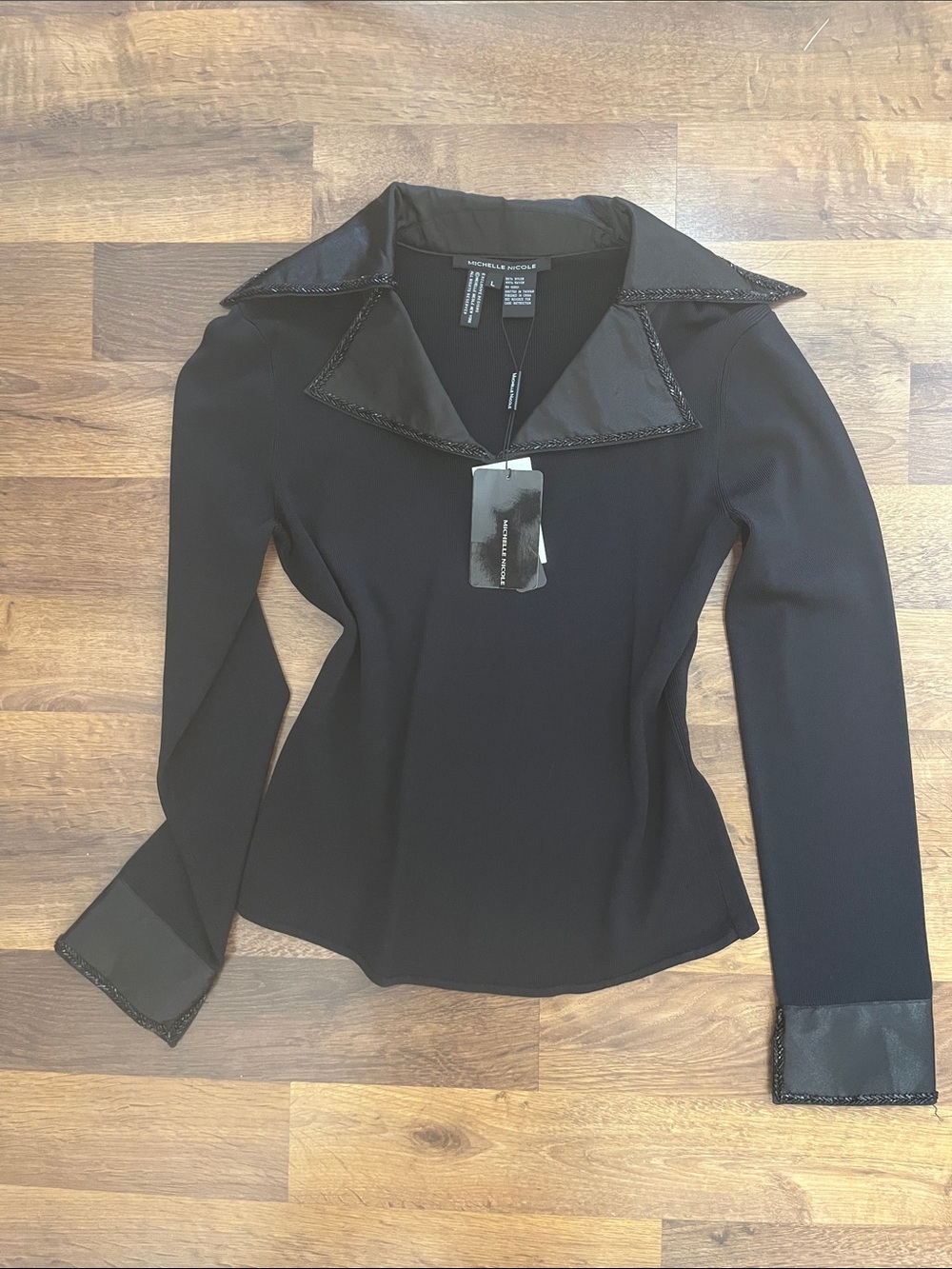Black Fine Knit Sweater with Notched Satin Collar and Cuffs NWT